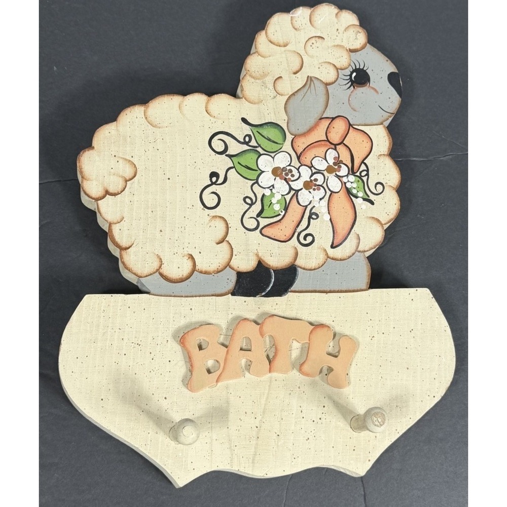 Handmade Wooden Sheep Bathroom Hook Rack | 2 Peg Bath Towel Holder Country Decor